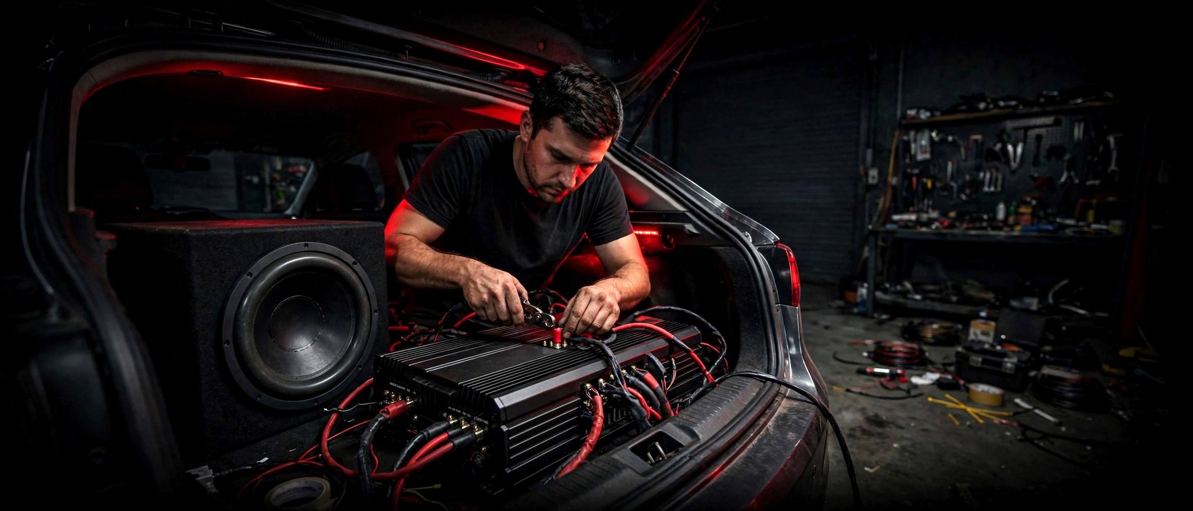 Installer wiring up a car audio amplifier and subwoofer in a shop
