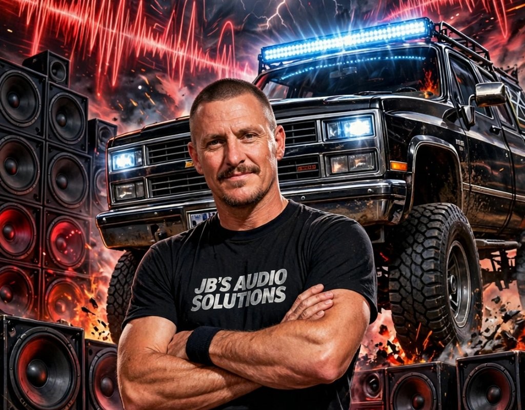Jeramy Brosman of JB's Audio Solutions standing in front of a wall of speakers and his truck